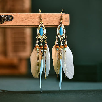 Bohemian Feather Earrings for Women Brincos Indian Jewelry Long Chian Tassel Silver Color Alloy Dangle Earrings As Gift daiiibabyyy